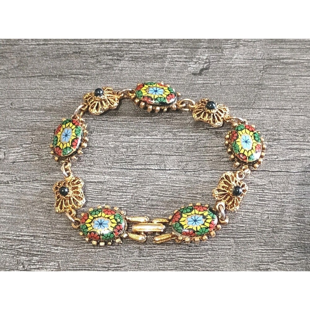Hand Painted Yellow Blue Red Green Floral Gold Tone Black Vintage Bracelet